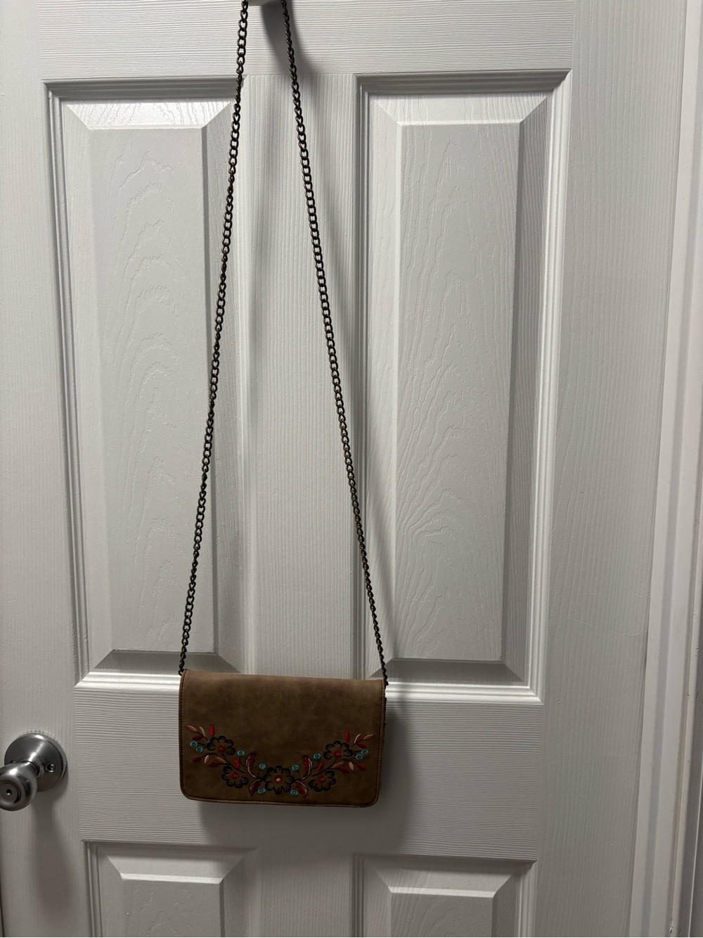 Embroidered Brown Suede Crossbody Bag with Chain Strap